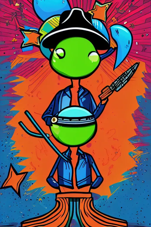 Image similar to rockstar alien, art by brian miller, sticker, colorful, illustration, highly detailed, simple, smooth and clean vector curves, no jagged lines, vector art, smooth