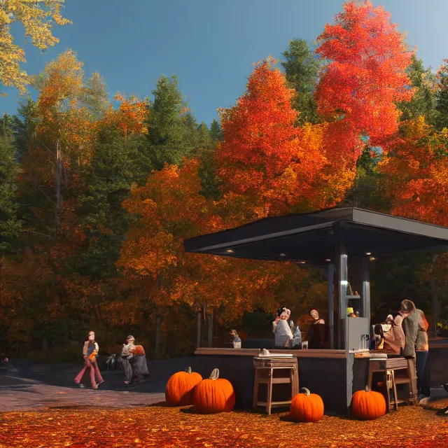 Image similar to pumpkin headed people ordering maple coffee at a maple coffee stand, maple trees with fall foliage, on a mountain in new hampshire, volumetric, realistic, cinematic lighting, ray tracing, unreal engine 5, octane render, hyper realistic, photo, 8 k