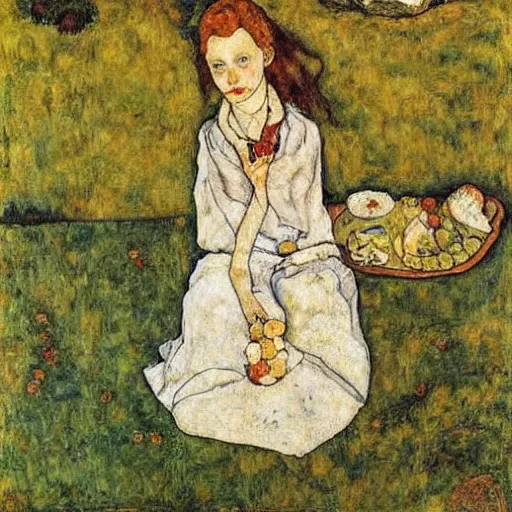 Image similar to girl at a picnic,, by Egon Schiele