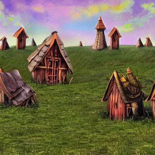 Prompt: A herd of baba yaga houses grazing in a field