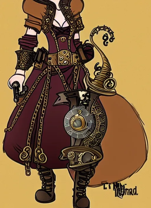 Prompt: Steampunk beard female dwarf glamor bard speaker of a small town and fashionable female in high-end Oscar de la Renta