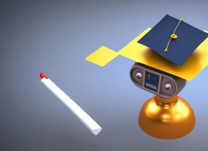 Image similar to professional illustration of the robot in graduation hat, sharp, hyperrealism rendered in blender and octave render 4K