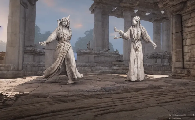 Image similar to A white priestess is conjuring a spell inside the ancient and mythical temple. Bronze statue, unreal engine