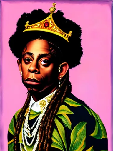 Image similar to lil wayne, wearing a crown : : painted by kehinde wiley : : baroque, hyperreal, digital painting