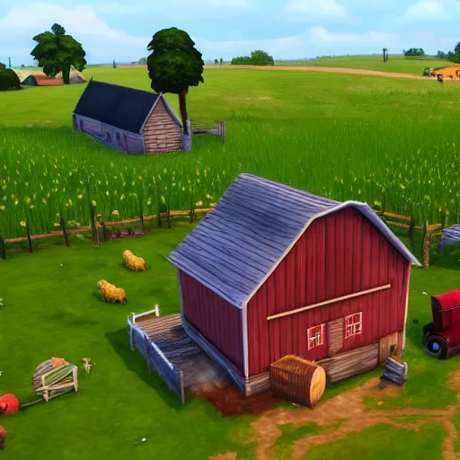 Image similar to a small vintage farm on fire in a corn field in the style of sims 4, gameplay footage