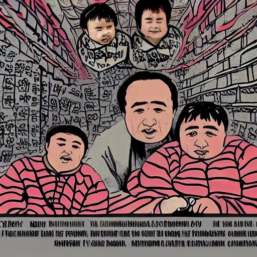 Image similar to uyghur Uighur family in a prison, heart kidney lungs, in the style of daniel johnston and outsider art, 4k, line brush, overlaid with chinese adverts