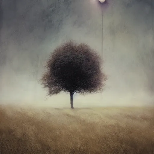 Image similar to lone tree on hill by cy Twombly and BASTIEN LECOUFFE DEHARME, iridescent, volumetric lighting