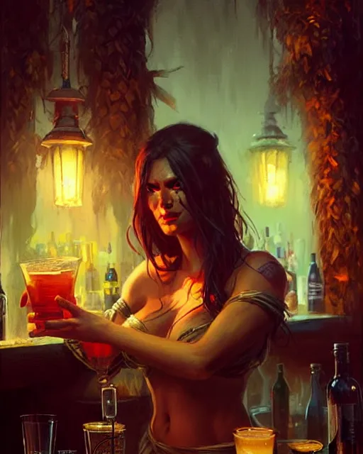 Prompt: orc bartender serving drinks | | realistic shaded, fine details, realistic shaded lighting poster by greg rutkowski, magali villeneuve, artgerm, jeremy lipkin and michael garmash and rob rey