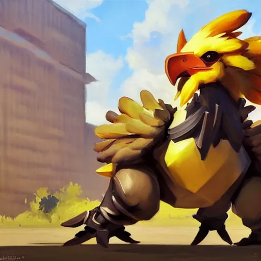Image similar to greg manchess portrait painting of fully armed chocobo as overwatch character, medium shot, asymmetrical, profile picture, organic painting, sunny day, matte painting, bold shapes, hard edges, street art, trending on artstation, by huang guangjian and gil elvgren and sachin teng