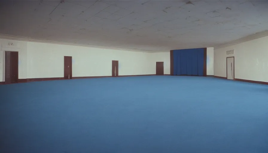 Prompt: 60s movie still of a sovietic stalinist style empty ballroom with blue beds, cinestill 800t 50mm eastmancolor, liminal Space style, heavy grain, flash-s 150