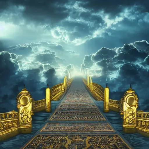 Prompt: a long path to the gates of heaven with glowing clouds, illuminated background with streets made of gold and architecture made of crystal, photorealism, 4 k