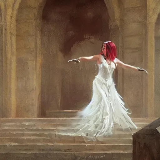 Prompt: Painting by Greg Rutkowski, an opera singer in a white dress with wings on stage