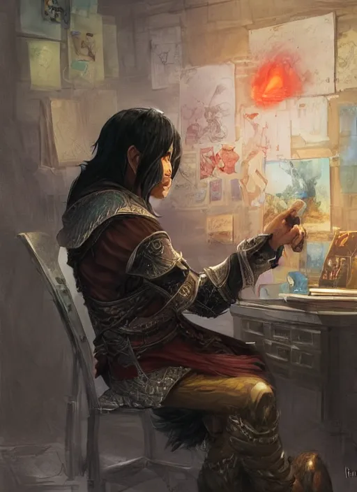 Image similar to asian with medium black hair man sitting at his desk look down at me, low angle, camera low, dndbeyond, bright, colourful, realistic, dnd character portrait, full body, pathfinder, pinterest, art by ralph horsley, dnd, rpg, lotr game design fanart by concept art, behance hd, artstation, deviantart, hdr render in unreal engine 5