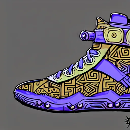 Prompt: fantasy jrpg sneaker design designed by capcom megaman, chrono trigger guilty gear style, aztec mayan street fashion native punk sneaker design, focus on megaman hip hop sneaker design with subtle mayan patterns, gapmoe yandere grimdark, trending on pixiv fanbox, painted by greg rutkowski makoto shinkai takashi takeuchi studio ghibli, akihiko yoshida