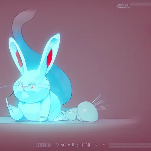 Image similar to artstation, by hayao myazaki, concept art, digital art, light blue, 2 - dimensional, 2 d, a rabbit robot