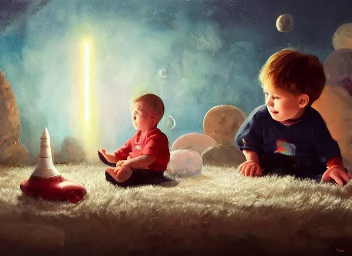 Image similar to toddler elon musk sitting on a shaggy rug playing with his little space rockets, realistic painting, beautiful soft lighting, istvan sandorfi