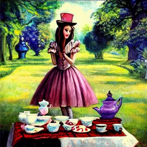 Image similar to “Alice at a tea party, Alice in Wonderland, realism”