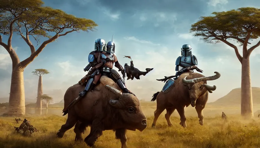 Image similar to mandalorian riding a buffalo alone, madagascar with baobabs trees in the background, action scene, an epic fantasy, artgerm and greg rutkowski and alphonse mucha, an epic fantasy, volumetric light, detailed, establishing shot, cinematic, photorealistic, hyper detailed, ultra realistic, trending on art station, octane render, midsommar