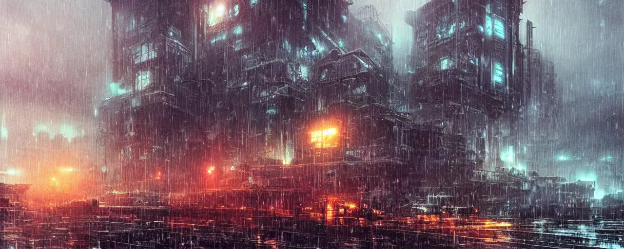 Prompt: ” industrial alien landscape, [ rain, city, cinematic, detailed, epic, widescreen, opening, establishing, mattepainting, photorealistic, realistic textures, octane render, art by slop and paul lehr ] ”