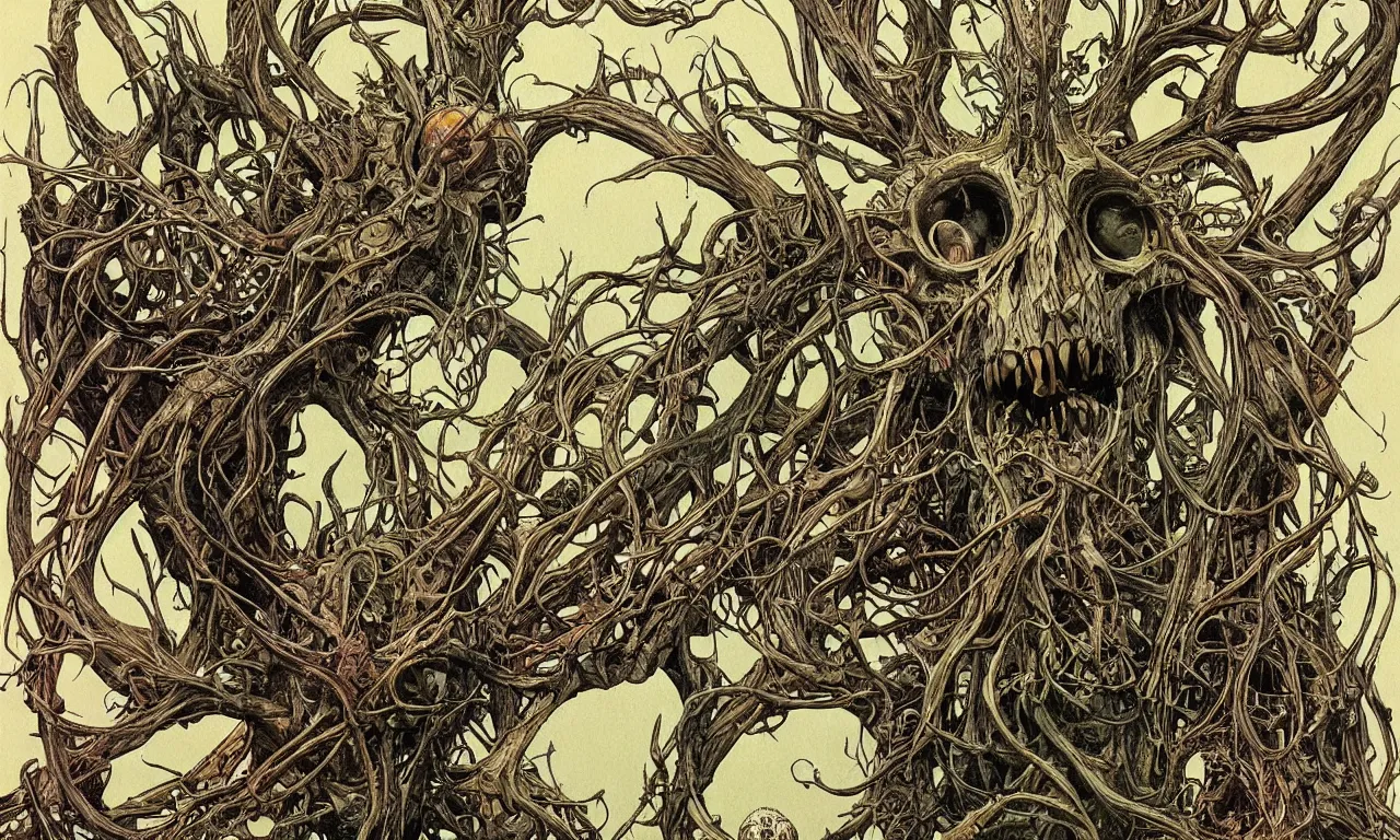 Image similar to hyperdetailed art nouveau portrait of treebeard as a cthulhu eyeball skull wendigo cryptid, by geof darrow, simon bisley and bill sienkiewicz, grim yet sparkling atmosphere, photorealism, claws, skeleton, antlers, fangs, forest, wild, crazy, horror, lynn varley, lovern kindzierski, steve oliff