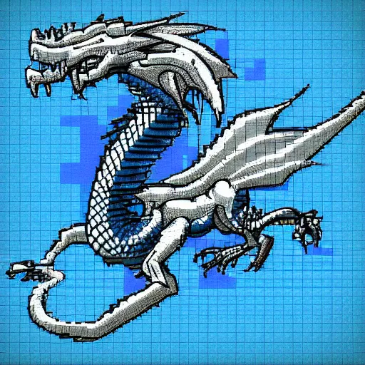 Prompt: blue blueprint of a fantasy dragon pixel art