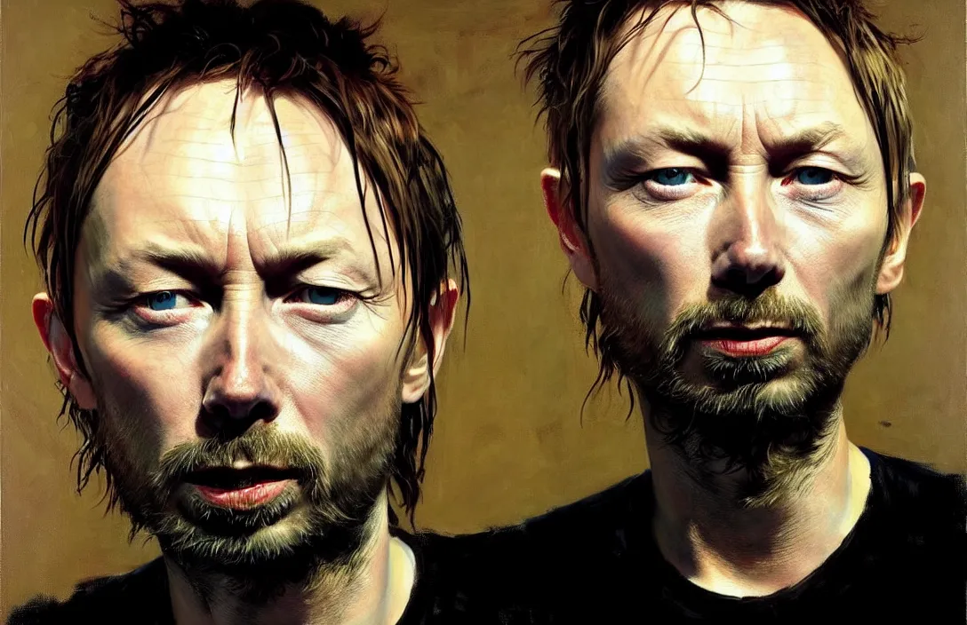 Image similar to portrait of thom yorke!!!!!!!!!!!!!!!!!!!!!!!!!!!, detailed face, detailed painting, epic lighting, by ilya repin, phil hale and kent williams
