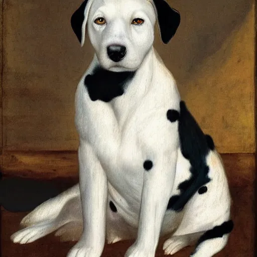 Prompt: renaissance painting of a white dog with big black spots sitting for a portrait