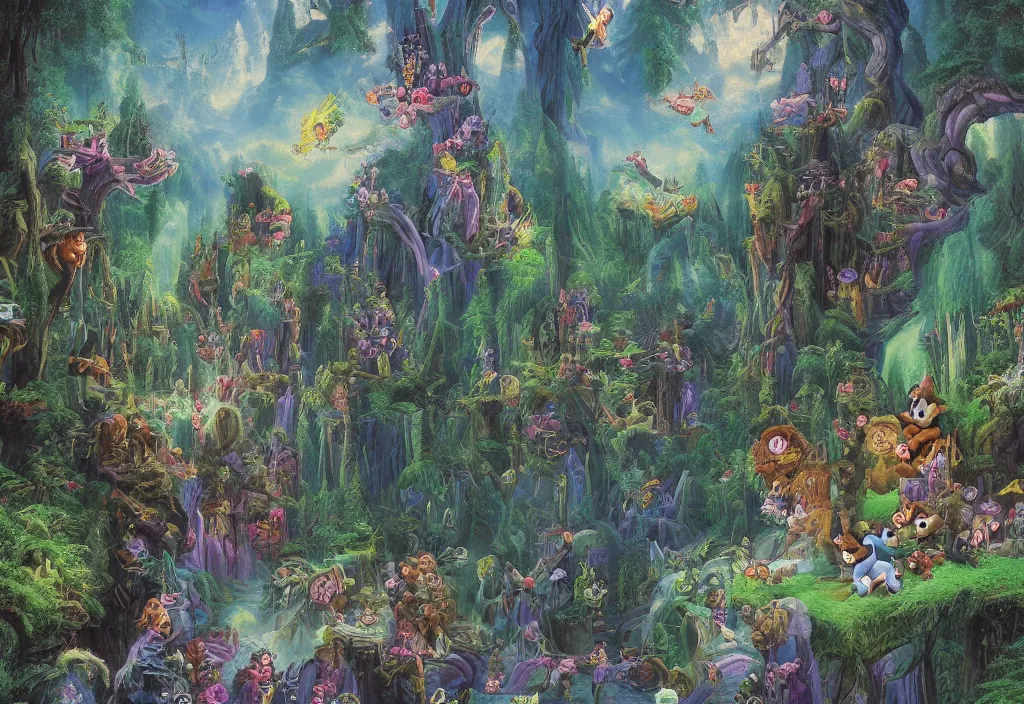 Prompt: Movie frame from the one big edgy Monster Energy drink coloured Disney animated motion picture released in 1937, beautiful enchanted forest full of evil Monster energy drink critters, directed by Walt Disney energy drink, highly detailed background paintings by Thomas Kinkade