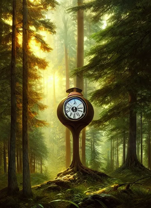 Prompt: a clock integrated in the forest environment, elegant, sharp focus, illustration, highly detailed, digital painting, concept art, matte, art by wlop and artgerm and ivan shishkin and andrey shishkin, masterpiece