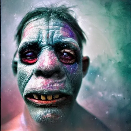 Image similar to a realistic photograph of a orc with colorful galaxy eyes taken by sally mann, portrait, foggy, hazy, muted colors, detailed, bleak, 70mm