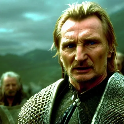 Image similar to Liam Neeson as Theoden, Lord of the Rings, film still, high detail