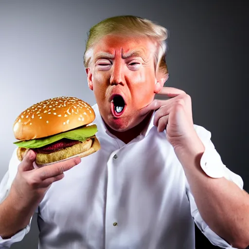 Image similar to donald trump licking a burger with his tongue out, mmmmm, studio portrait photo, studio lighting, key light, food photography