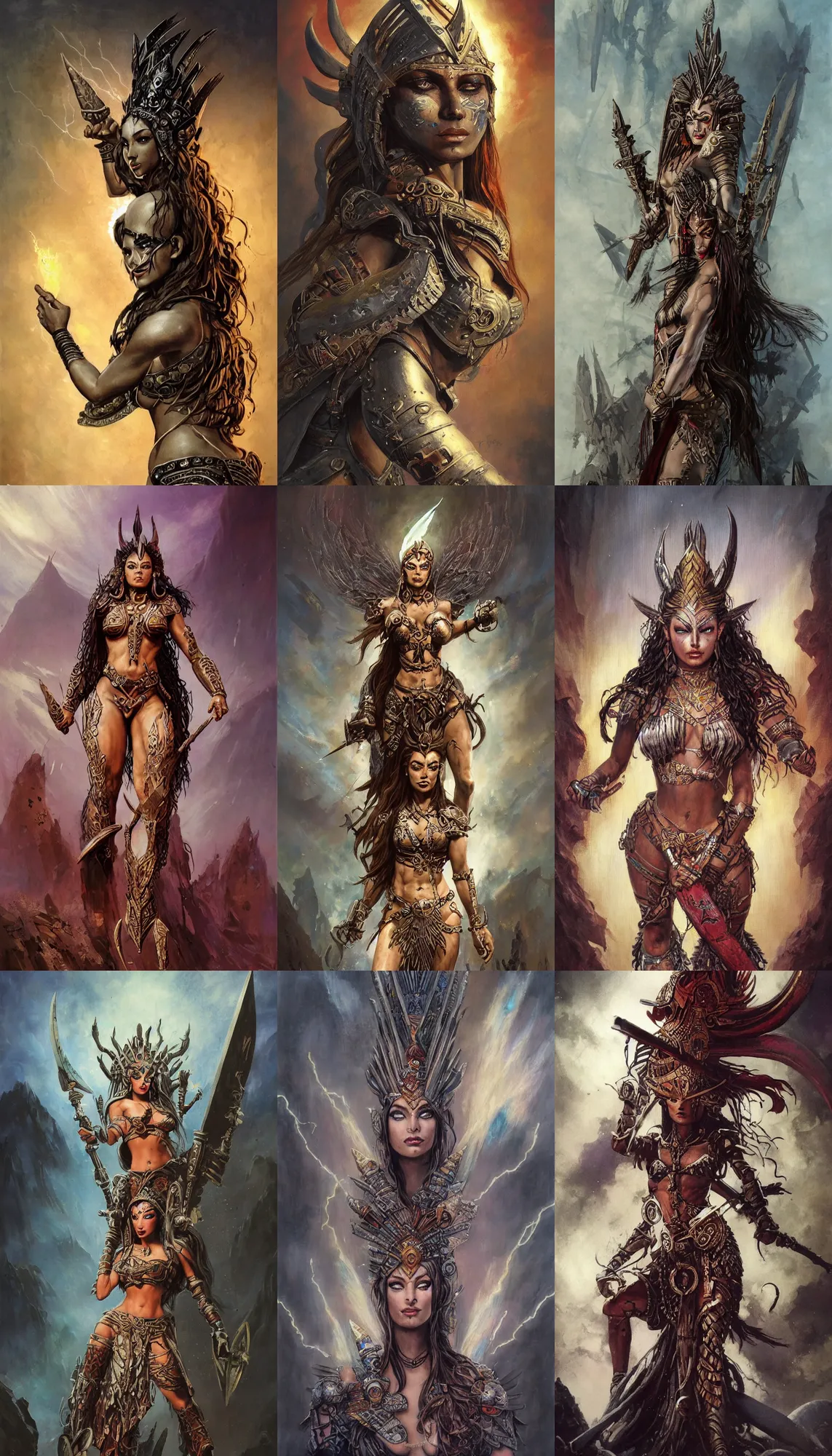 Prompt: A mixed media painting of the beautiful aztec goddess of war infused with lightning, very aesthetic, curvy, detailed face, elven armor, by Frank Frazetta, Greg Rutkowski, Boris Vallejo, Beeple, Yoko Taro, Christian MacNevin, epic fantasy character art, goddess of anger, viking runes, high fantasy, CGsociety, full length, exquisite detail, post-processing, masterpiece, cinematic, odin's stone arena background