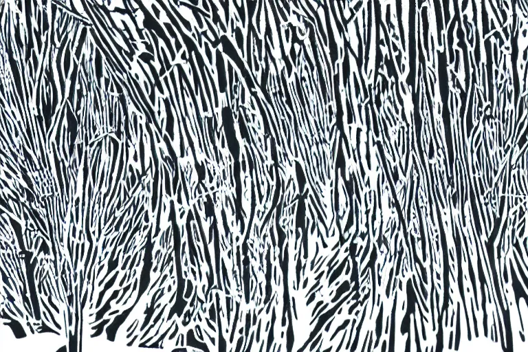 Image similar to reaction diffusion artwork of a winter forest, reaction diffusion linocut, flowing lines