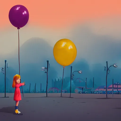 Image similar to a girl holding a balloon at a fairground. buildings with graffiti. dusk. illustration in the style of simon stalenhag artstation