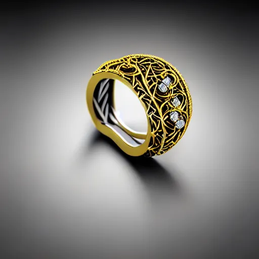 Image similar to intricate!! nordic ring and necklace and ear, silver and gold and diamond, isolated on a white background and a flower in the background, refraction, occlusion, filigree, lower and upper levels, keyshot render, octane render, vray render