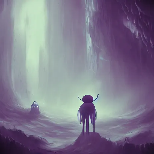 Image similar to love at the bottom of the abyss, athmospheric 4k, foggy atmosphere, scary picture, hollow knight, dark shadows, artstation, deviantart, beautiful digital painting