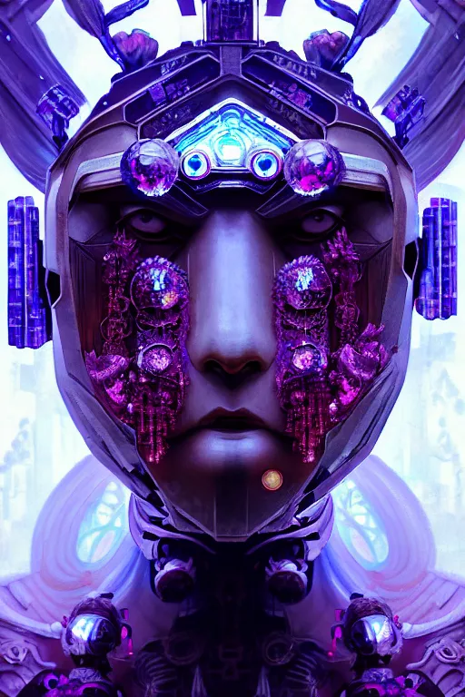 Image similar to asura from chinese myth, ghost, gorgeous and huge head ornaments, dystopian, cyberpunk, organic fractal mycelum and fungi, mecha, halfturn portrait of a big crystal face made of crystals half - turn, ominous, intricate, studio, art by anthony macbain + greg rutkowski + alphonse mucha, concept art, 4 k, sharp focus