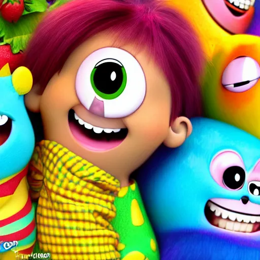 Image similar to happy cute friendly fun hugging tutti frutti characters, pixar, digital, vivid, hyperdetailed