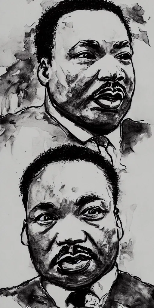 Prompt: a loose wild messy ink sketch portrait of Martin Luther king in the style of ralph steadman, caricature, dramatic