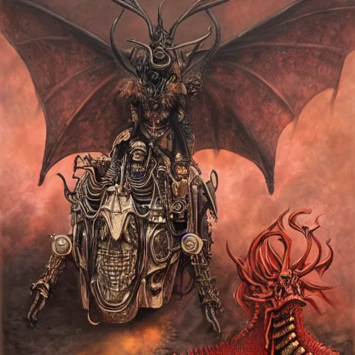 Image similar to a hyperrealistic portrait painting of a beautiful woman with demonic horns wearing steampunk goggles, riding on the back of a giant red dragon into hell, by santiago caruso, highly detailed,