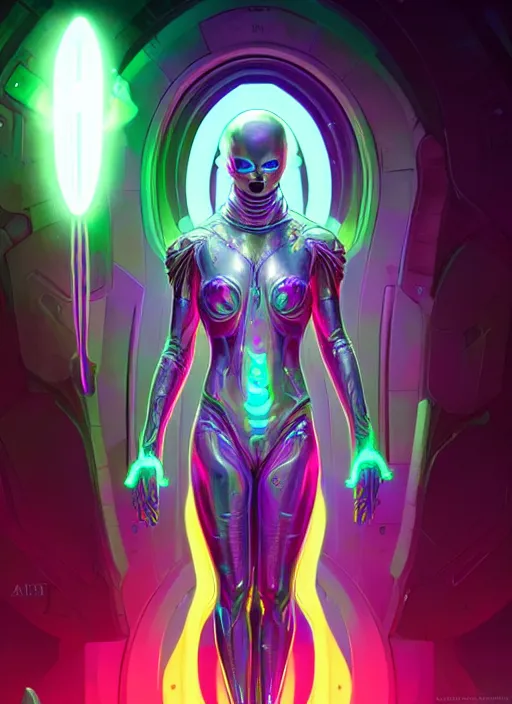 Image similar to a machine alien faceless glowing liquefied stardust adventurer, dnd fantasy character, full body portrait, glowing neon skin, magical aura, ultra realistic, intricate, elegant, highly detailed, digital painting, artstation, smooth, sharp, focus, illustration, art by artgerm and greg rutkowski and alphonse mucha and dan mumford, sacred geometry