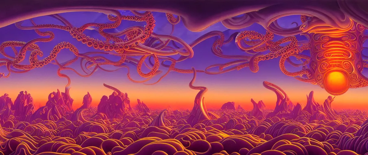 Prompt: surreal ornate sky city of atlantis on giant orange and purple cyborg tentacles coming out of puffy clouds matte painting concept art alex grey kay sage sorayama cinematic soft red lighting high angle hd 8k sharp shallow depth of field