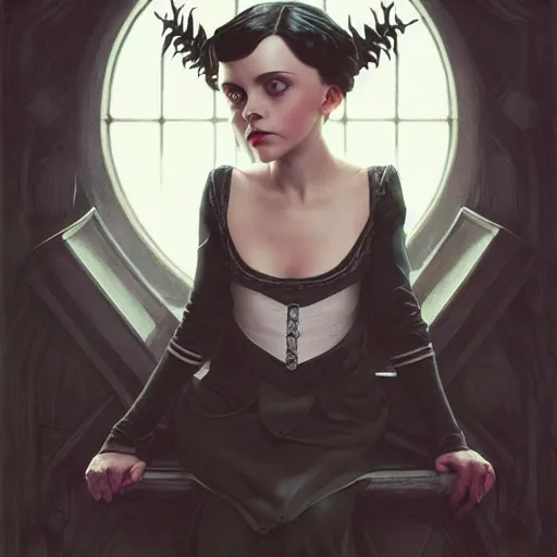 Image similar to Christina Ricci as Wednesday Addams, D&D, fantasy, intricate, cinematic lighting, highly detailed, digital painting, artstation, concept art, smooth, sharp focus, illustration, art by Artgerm and Greg Rutkowski and Alphonse Mucha