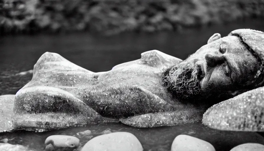 Image similar to 1 9 6 0 s movie still close up of marcus aurelius frozen to death in a river with gravel and pebbles, pine forests, cinestill 8 0 0 t 3 5 mm b & w, high quality, heavy grain, high detail, texture, dramatic light, anamorphic, hyperrealistic, foggy