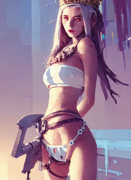 Image similar to portrait of cute maiden girl with crown of thorns and white short hairs, dressed in belts bikini, warhammer, cyberpunk, by atey ghailan, by greg rutkowski, by greg tocchini, by james gilleard, by joe gb fenton, by kaethe butcher, dynamic lighting, gradient light blue, brown, blonde cream and white color in scheme, grunge aesthetic
