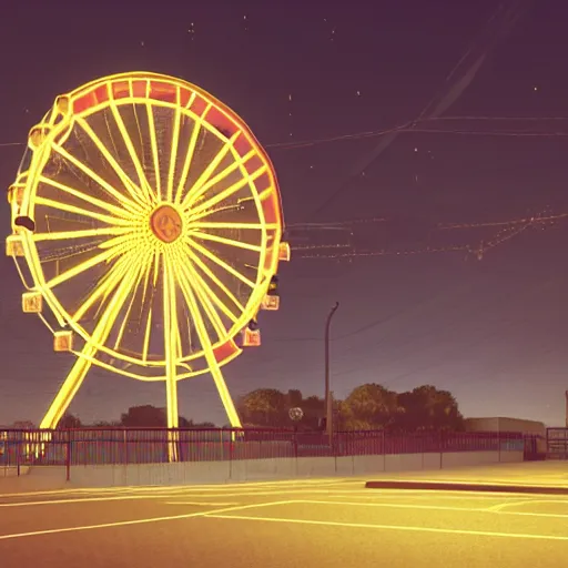 Prompt: one ferris wheel at night in an empty parking lot, hyperrealistic, concept art, octane render, unreal engine 5, trending on artstation, high quality, highly detailed, 8 k hdr, soft lighting, path traced, starry background, bloom, high coherence, symmetrical, high contrast, digital art, serene landscape, cinematic