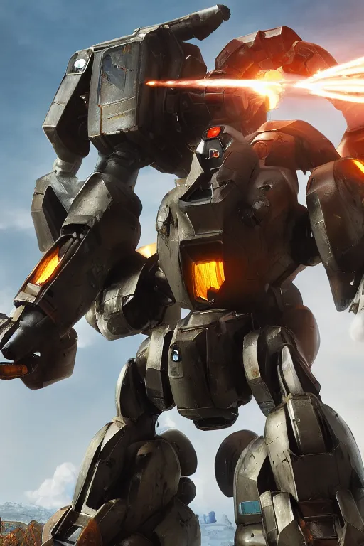 Image similar to mechwarrior 5 : mercenaries mech megaman transformer robot boss tank engine game octane render, 4 k, hd 2 0 2 2 3 d cgi rtx hdr style chrome reflexion glow fanart, global illumination ray tracing hdr fanart arstation by sung choi and eric pfeiffer and gabriel garza and casper konefal pixar and disney unreal zbrush central hardmesh