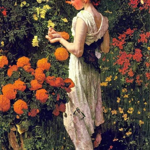 Prompt: Persephone in Spring, by Norman Rockwell, warm glow, deep focus, busy composition