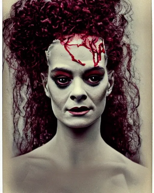 Image similar to an instant photo of a beautiful but sinister bride of frankenstein in layers of fear, with haunted eyes and curly hair, 1 9 7 0 s, seventies, delicate embellishments, a little blood, crimson, painterly, offset printing technique, mary jane ansell